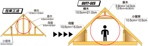 ツーバイフォー工法(垂木)+軸組工法(棟木・母屋)の断面をさらに大きく